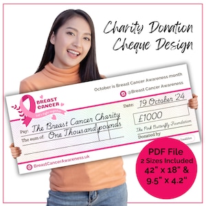 Charity Donation Cheque template. Blank Cheque Personalised for Fundraising. Design for you. Large Custom Presentation Check. Downloadable.