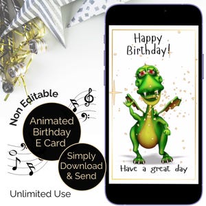 ドラゴンの誕生日ビデオ E カード、音楽付きアニメーション、かわいいドラゴンが踊るハッピーバースデー チューン、デジタル カード グリーティング e カード。