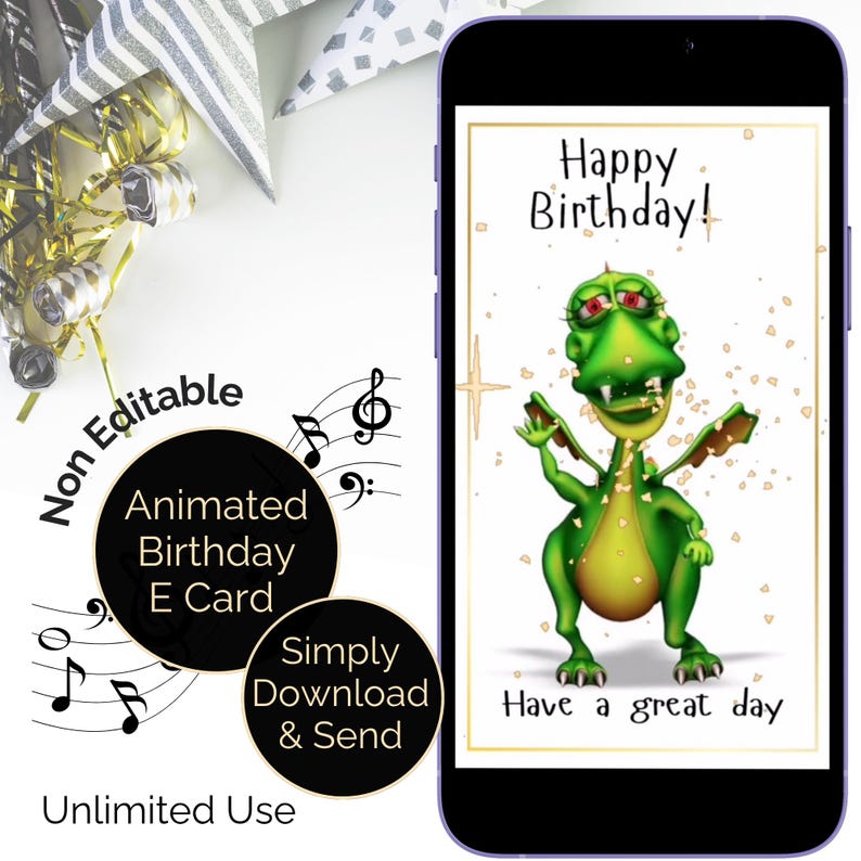 Dragon Birthday video E-Card, animated with music, Happy Birthday tune dancing cute dragon, Digital card Greeting eCard. image 1