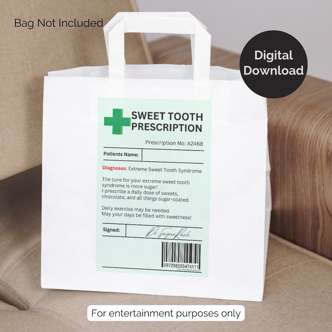 Sweet Tooth Prescription Label. Printable Novelty Gift. Funny Gift for ...