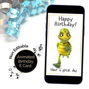 Birthday video E-Card for Turtle lover animated with music, Happy Birthday tune with running tortoise. Digital Greeting eCard Mobile card.