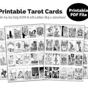 Black and white printable tarot cards with the names of each card printed below. The cards are arranged in two rows of 14 cards. The text 'Printable Tarot Cards' is at the top of the image. The text 'UK A4 (21 X29.7CM) & US Letter (8.5 x 11inches)' is below the title. The text 'Printable PDF File' is in a circle in the upper right corner of the image.