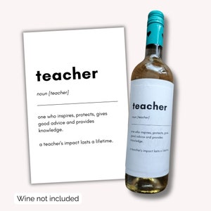 Definição de presente para professor. Rótulo de garrafa de vinho para impressão, presente de fim de período. Design minimalista com pouca tinta Download digital Não editável.