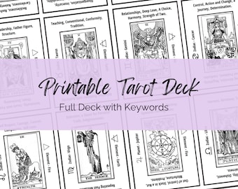 Tarot Deck with Keywords, Print at home, A4 Cheat sheets, Tarot Card Meanings, Beginners, Divination Tools, Journaling. In Black and White.