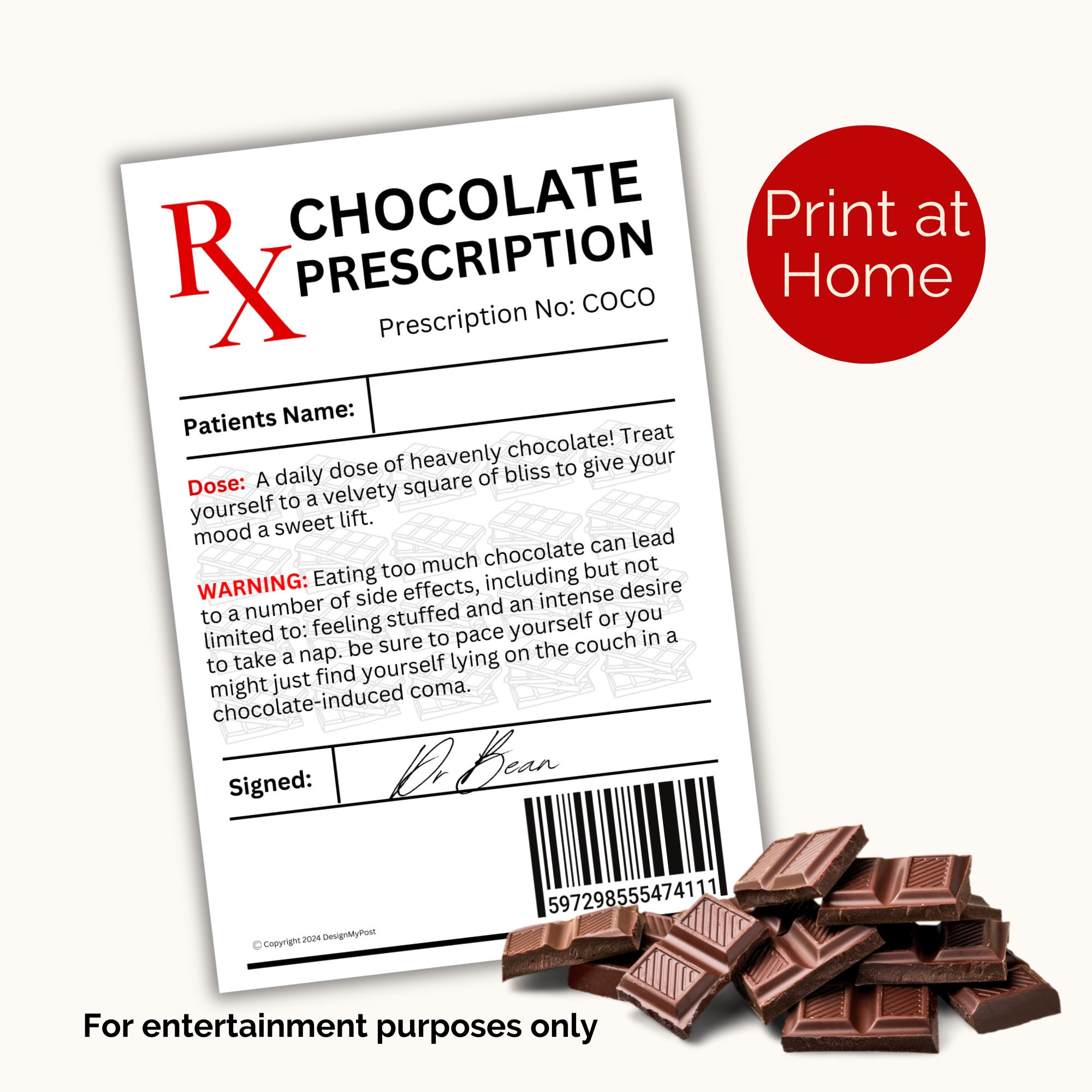 RX Chocolate Prescription Label. Printable Novelty Gift