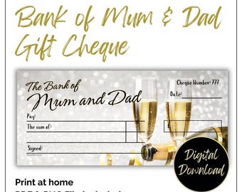 Bank of Mum and Dad Blanko Scheck, Euro, Pfund, Dollar.
