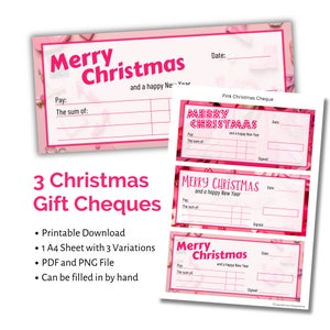 Christmas blank cheque, pink gift for girls, Bankers Draft Downloadable Printable xmas gifting check/ cheque. Fun Christmas money gift idea.