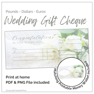 Wedding Gifting blank cheque Printable wedding money gift for newly weds. Print at home voucher template with a soft white rose design.
