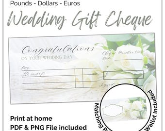 Wedding Gifting blank cheque Printable wedding money gift for newly weds. Print at home voucher template with a soft white rose design.
