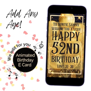 Personalised Birthday Ecard. Digital Electronic Card with fun audio. Animated greetings card in Black with Gold Balloons.