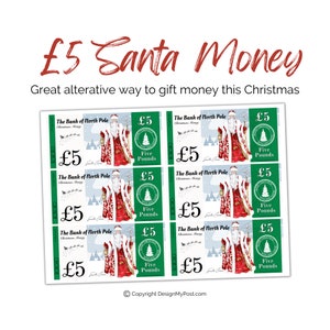 Weihnachtsgeld Fünf Pfund Weihnachtsmann-Banknoten zum Ausdrucken. So tun, als ob Sie Spaß an Weihnachten haben. Toll für Gesellschaftsspiele, Partys oder Geldgeschenke.