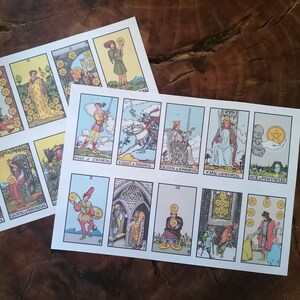 Printable tarot cards featuring colorful illustrations and text.  The cards depict various figures and symbols, including swords, pentacles, and crowns.  Card titles such as 'Page of Swords', 'Knight of Swords', 'Queen of Swords', 'King of Swords', and 'Ace of Pentacles' are visible.  The cards are arranged in a grid pattern on two sheets of paper.  Each card has a number in the top left corner.  The overall style is reminiscent of a classic tarot deck.