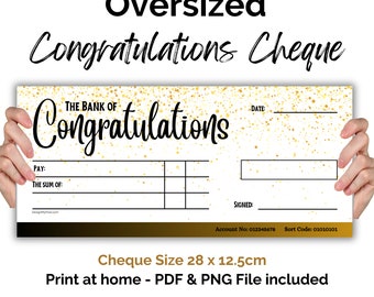 Large Congratulations Cheque. Gifting blank cheque template. Oversized cheque. Print at home money gift present. Digital Download.