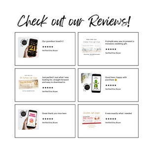 May include: A graphic display titled Check out our Reviews! featuring six rectangular panels. Each panel contains a customer review with five stars, the text Verified Etsy Buyer, and a visual representation of digital gift cards or mobile phone screens.