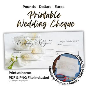 Cheque en blanco para regalo de recién casados. Cheque falso imprimible para regalar dinero de boda. Plantilla de cupón para imprimir en casa con diseño de flores blancas.