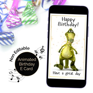 Cartão eletrônico com vídeo de aniversário de dinossauro, cartão animado com música para crianças amantes de dinossauros, música de feliz aniversário dançando com o fofo TRex, cartão eletrônico digital de felicitações.