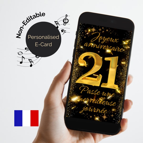 Joyeux anniversaire 21 Carte virtuelle. Digital 21st Birthday eCard in French. Animated with Happy Birthday song audio. Video Birthday card.