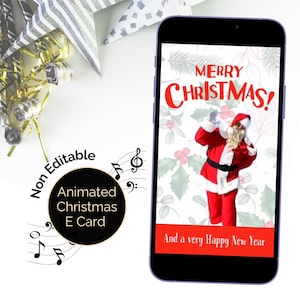 Kerstvideo-eCard met dansende kerstman. Digitale kerstwenskaart geanimeerd met muziek voor e-mail, sms en WhatsApp. Leuke virtuele kaart.