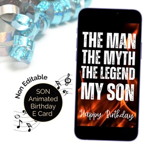 Video animato e-card compleanno figlio con audio drammatico. Biglietto d'auguri digitale per bambino Biglietto virtuale per il figlio del genitore. Cartolina elettronica scaricabile