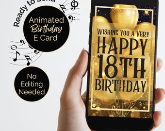 18. Geburtstag ECard animiert mit Sound Happy Birthday Melodie und Begrüßung Digitale Grußkarte in einem schwarz-goldenen Design, nicht bearbeitbar.