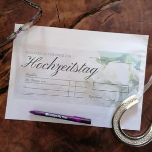 Hochzeitsgeschenk, Scheck hochzeit Blankoschek deutsch. Stor utskrivbar bröllopscheck, en falsk presentcheck. På tyska. bild 4