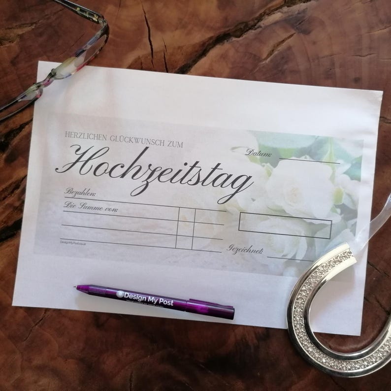 Hochzeitsgeschenk, Scheck hochzeit Blankoschek deutsch. Stor utskrivbar bröllopscheck, en falsk presentcheck. På tyska. bild 4