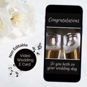 Bruiloftskaart Gefeliciteerd video met muziek. Elektronische vieringskaart voor pasgetrouwden. Downloadbare digitale kaart voor het huwelijk.