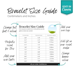 Editable Bracelet Guide in Centimetres and Inches for jewellery sellers. Edit in Canva. Use on Etsy. Add your logo & branding
