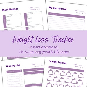May include: Printable weight loss tracker with sections for meal planning, grocery lists, and a 30-day weight tracker. The printable is in black and white with purple accents.