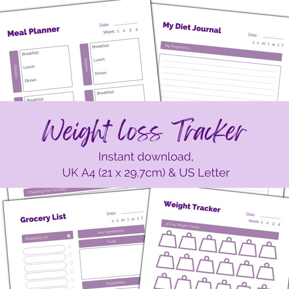 Printable Weight Loss planner. Diet Journal, Print at home tracker. Undated meal planner. UK A4 & US Letter PDF.