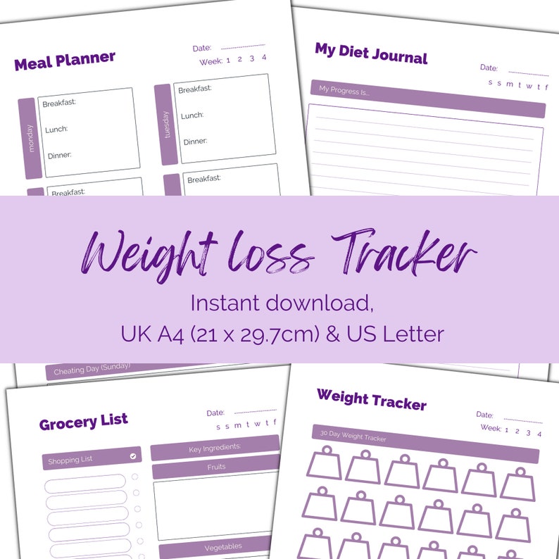 May include: Printable weight loss tracker with sections for meal planning, grocery lists, and a 30-day weight tracker. The printable is in black and white with purple accents.