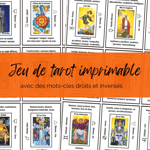 Jeu de tarot imprimable avec mots-clés, feuilles de triche A4, significations des cartes de tarot, débutants, outils de divination.