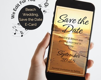 Beach wedding, Save the Date animated video eCard with audio. Digital video ecard. Whatsapp invite. Destination Wedding announcement card.