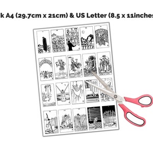 A black and white printable sheet of tarot cards. The sheet contains 16 cards, each with a unique image. The sheet is labeled 'Uk A4 (29.7cm x 21cm) & US Letter (8.5 x 11inches)'. A pair of pink handled scissors is partially obscuring the sheet.