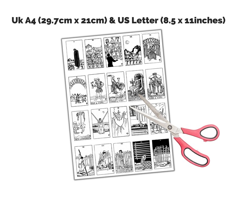 A black and white printable sheet of tarot cards. The sheet contains 16 cards, each with a unique image. The sheet is labeled 'Uk A4 (29.7cm x 21cm) & US Letter (8.5 x 11inches)'. A pair of pink handled scissors is partially obscuring the sheet.
