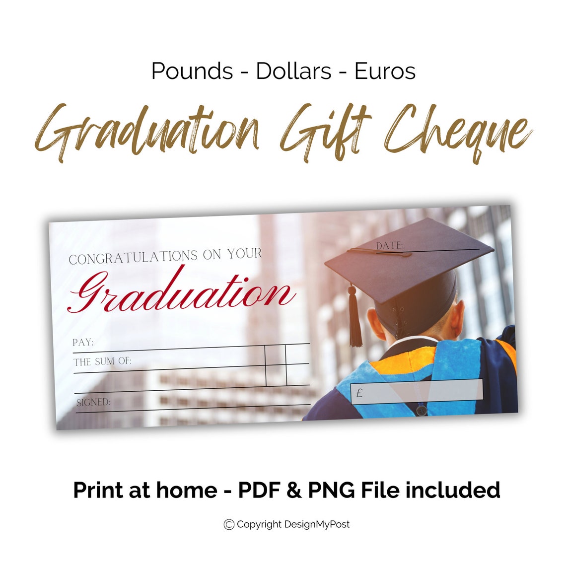 Graduation Gifting Cheque. Printable Blank Cheque. Euros, Pounds and ...