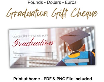 Graduation Gifting Cheque. Printable Blank cheque. Euros, Pounds and Dollars. Congratulations for passing exams. Print at home money present