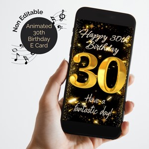 E-Card 30° compleanno animata con suono, melodia di buon compleanno e auguri. Video eCard digitale per trentesimo, non modificabile.