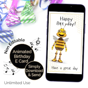 蜂好きの方への誕生日ビデオEカード、音楽付きアニメーション、養蜂家向けカード、ハッピーバースデーチューン、踊るマルハナバチ、デジタルグリーティングカード