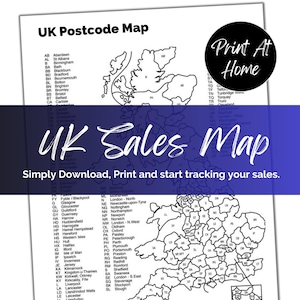 Printable UK Postcode Sales Tracker Map, A4 PDF & PNG.