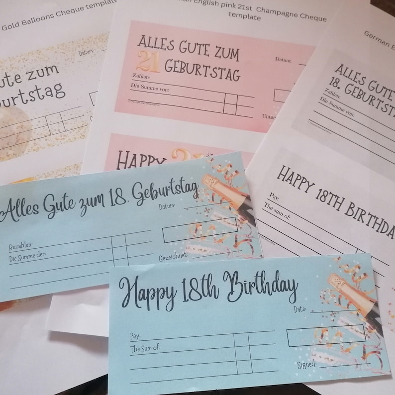 Different birthday cheque templates available. For 18th birthday, and 21st and in blue, pink or white.