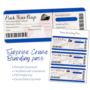 Printable Boarding Pass for Surprise Cruise. Print at home holiday travel ticket. Mock up voucher template. Add your own personalisation.