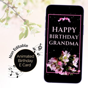 Carte électronique d'anniversaire de grand-mère animée avec du son, mélodie de joyeux anniversaire. Carte numérique virtuelle de voeux vidéo pour mamie. E Carte de voeux avec des fleurs.