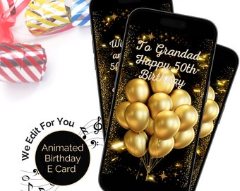 Gepersonaliseerde verjaardagskaart met aangepast bericht, digitale elektronische kaart met audio. Geanimeerde wenskaart in zwart met gouden ballonnen.