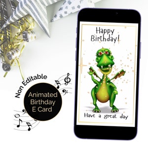 Drache Geburtstagsvideo E-Card, animiert mit Musik, Happy Birthday Melodie tanzender süßer Drache, Digitale Karte Gruß eCard.