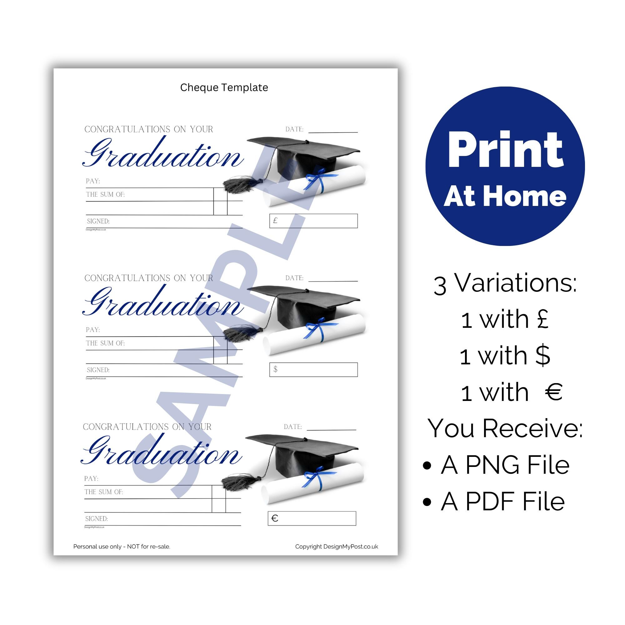 Graduation Cheque in Blue. Printable Gifting Blank Check. Euros, Pounds ...
