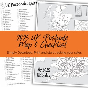 UK Postcode Map Umsatz-Tracker plus UK Postleitzahl Checkliste. 2025 Druckbare A4 Landkarte. Drucken Sie zu Hause aus und malen Sie sie aus