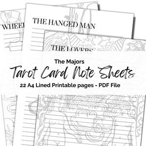 Feuilles imprimables de journal de tarot, pages fixes A4 en noir et blanc, inserts de puces, papier 22 notes célestes lignées, fichier PDF téléchargeable.