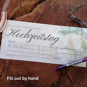 Hochzeitsgeschenk, Scheck hochzeit Blankoschek deutsch. Stor utskrivbar bröllopscheck, en falsk presentcheck. På tyska. bild 7