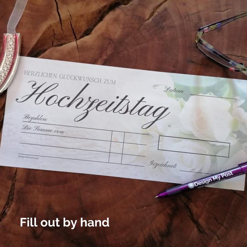 Hochzeitsgeschenk, Scheck hochzeit Blankoschek deutsch. Stor utskrivbar bröllopscheck, en falsk presentcheck. På tyska. bild 7